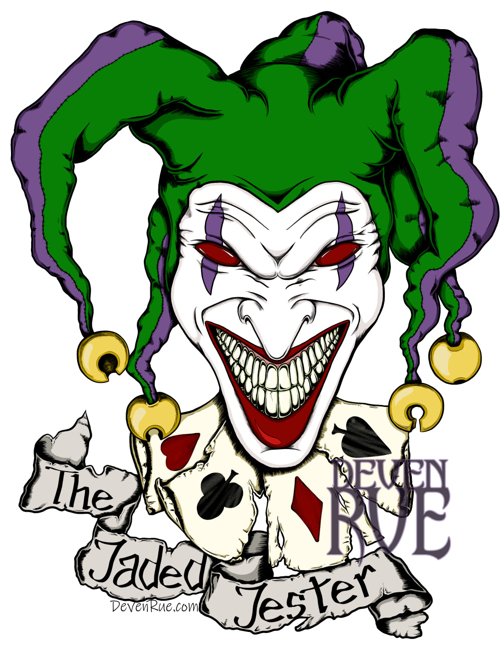 A colorful drawing of a creepy looking jester head with a huge smile, blank eyes, and bells at the ends of their hat. Four destressed cards showing an ace of each suit are under the face. A tattered ribbon under the drawing reads: The Jaded Jester.