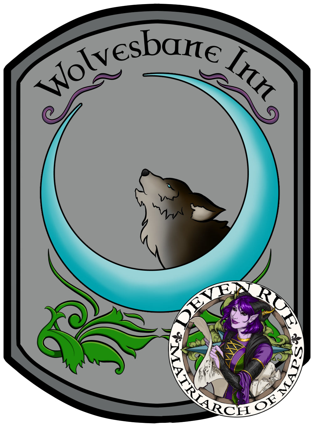 A blue-eyed wolf howls in the middle of a blue crescent moon that is over mirrored leaf embellishments. The text “Wolvesbane Inn” is at the top with purple swirls under it. Deven Rue’s logo is in the lower right-hand corner and features a purple tiefling drawing a map.