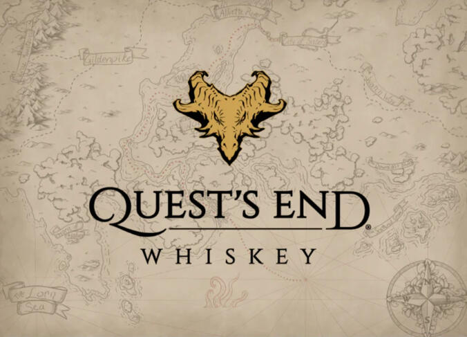 Quest's End Whiskey Quest's End Whiskey logo with a map by Deven Rue in the background