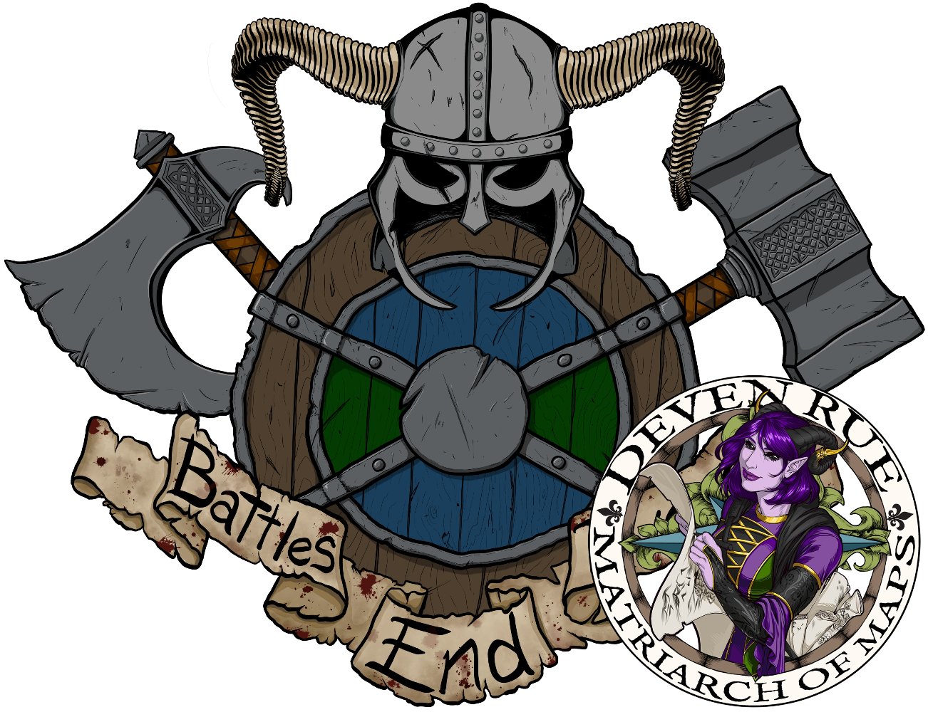 A colored illustration of a blue & green shield in front of an axe and hammer, with a horned helmet on top and a banner splattered in blood that reads Battles End Pub.