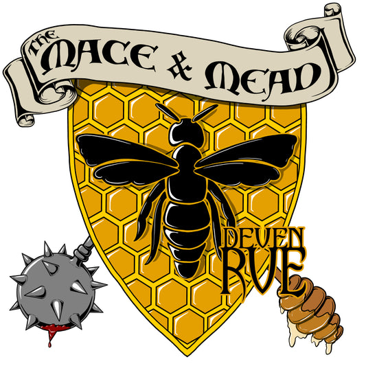 A colorful drawing of a bee silhouette on a shield-shaped honeycomb. A bloody mace and dipper dripping with honey poke out behind the shield on either side. A banner above the shield reads: The Mace and Mead.