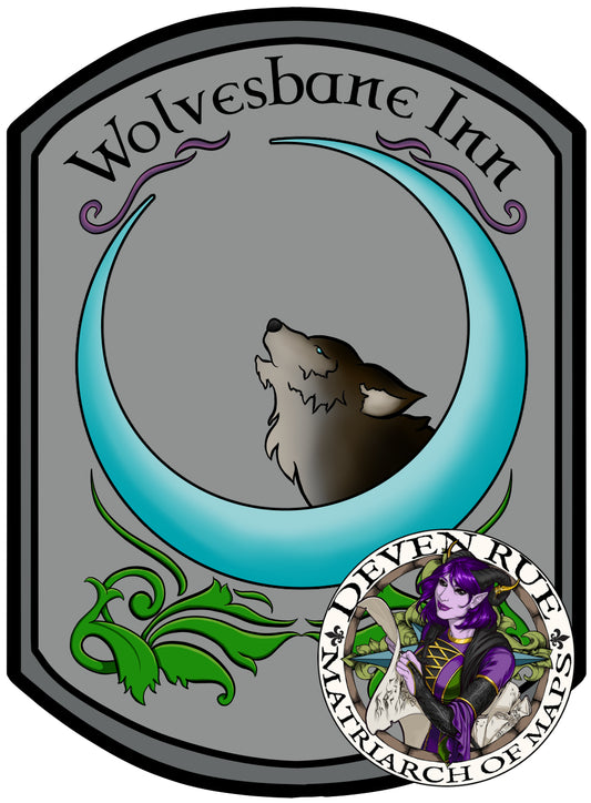 A blue-eyed wolf howls in the middle of a blue crescent moon that is over mirrored leaf embellishments. The text “Wolvesbane Inn” is at the top with purple swirls under it.  Deven Rue’s logo is in the lower right-hand corner and features a purple tiefling drawing a map.